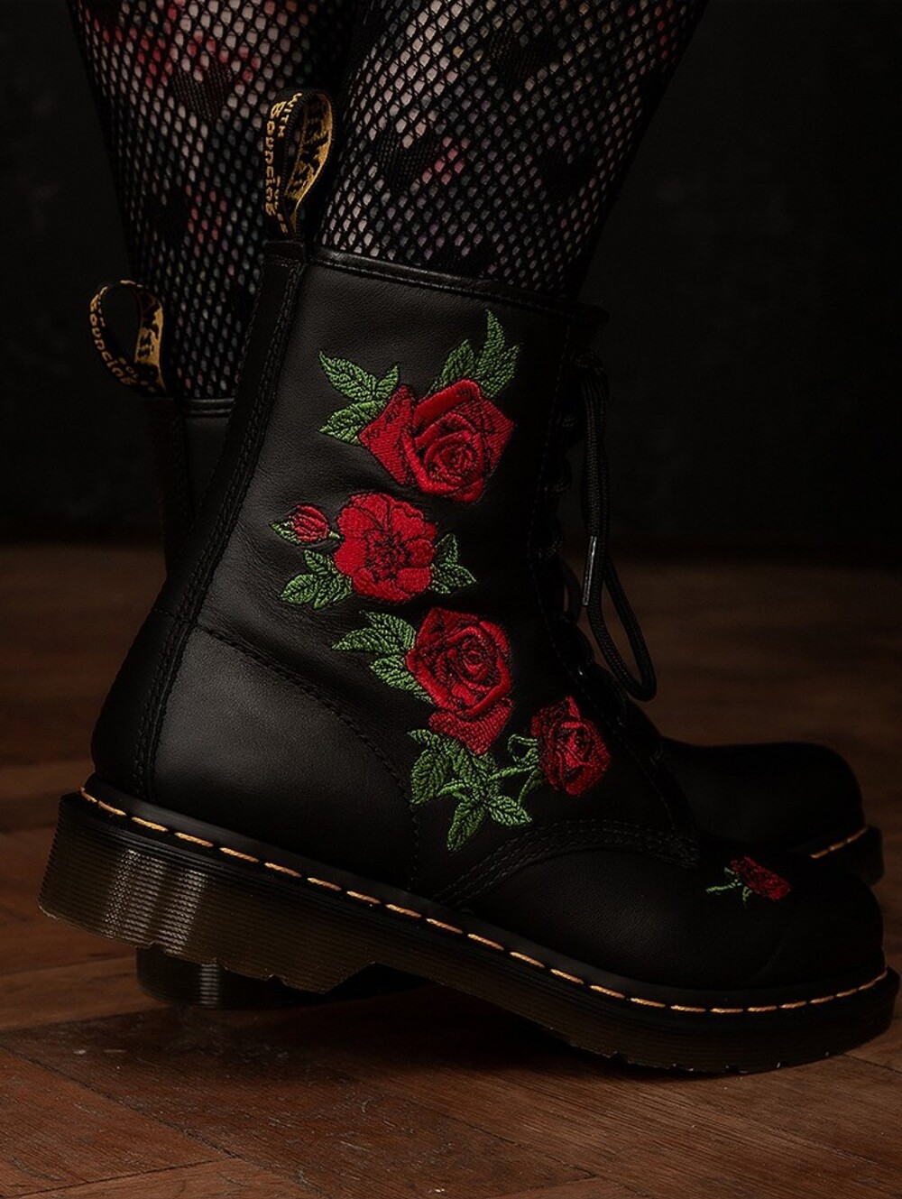 Dr. Martens Black Leather Lace-Up Boots with Red Rose Embroidery - BRAND NEW